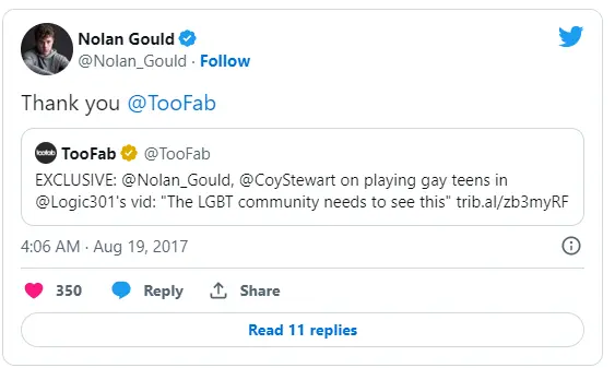 Nolan Gould tweeted about his gay teen character in a music video. 